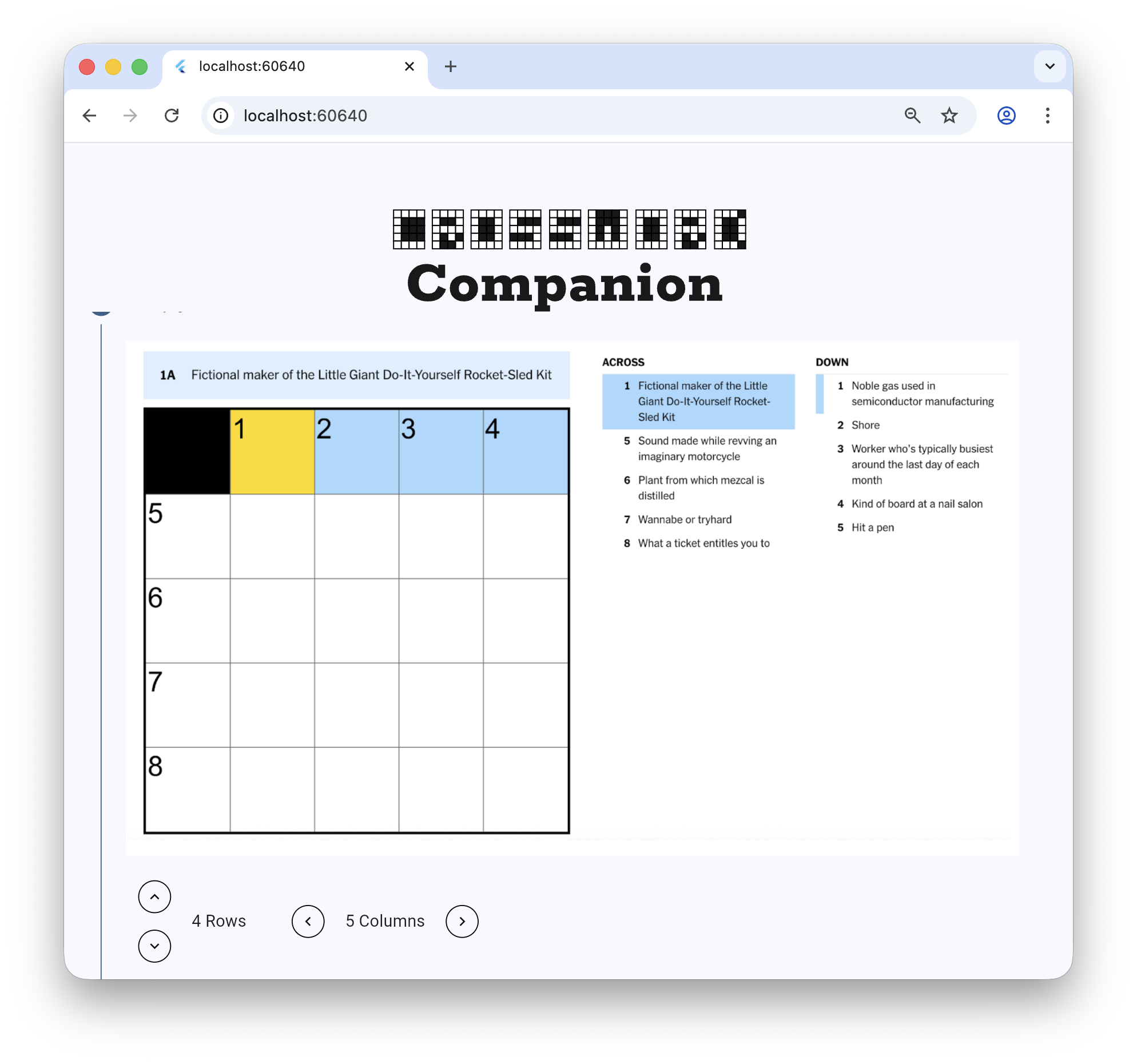 Crossword Companion app showing a 5x5 grid with settings incorrectly
displaying 4 rows and 5 columns.