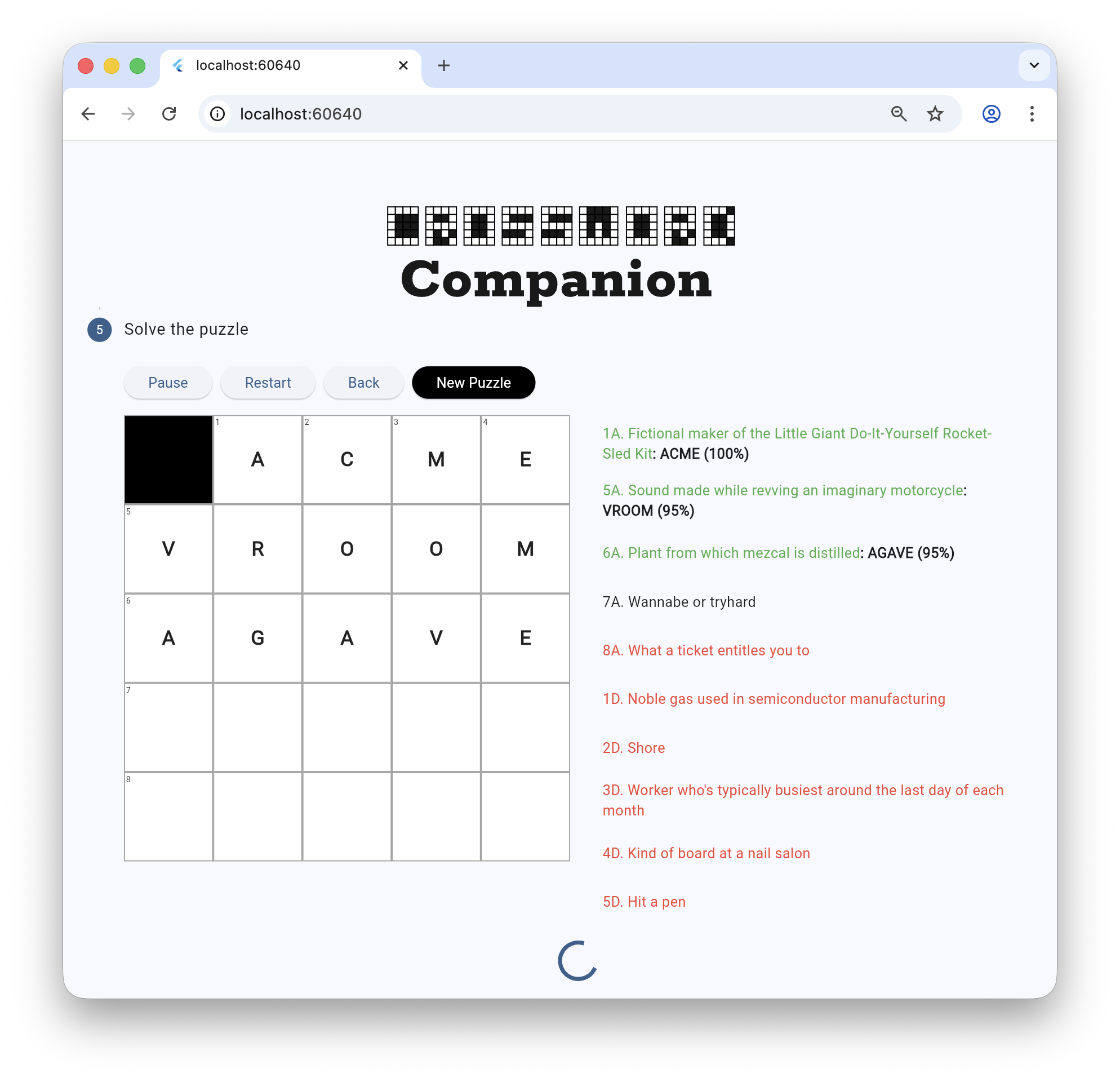 Crossword Companion interface showing a partially solved grid and clues
with AI-generated answers and confidence scores
