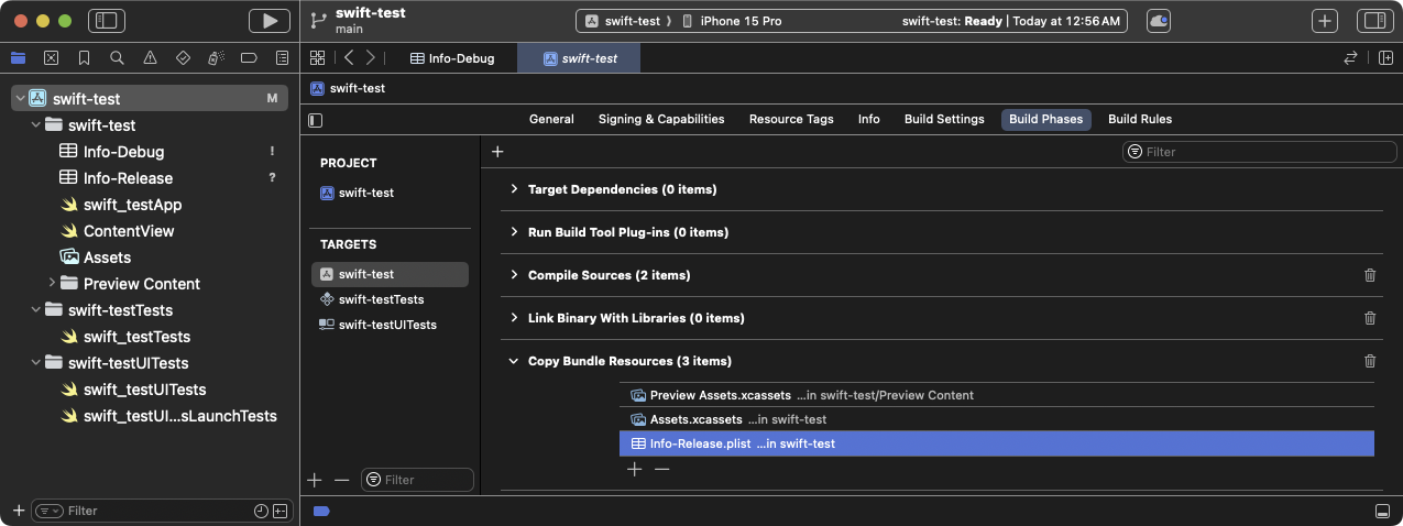 The **Copy Bundle** build phase displaying the **Info-Release.plist** setting. Remove this setting.