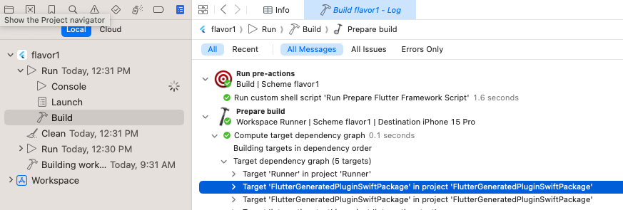 Ensure **Run Prepare Flutter Framework Script** runs as a pre-action