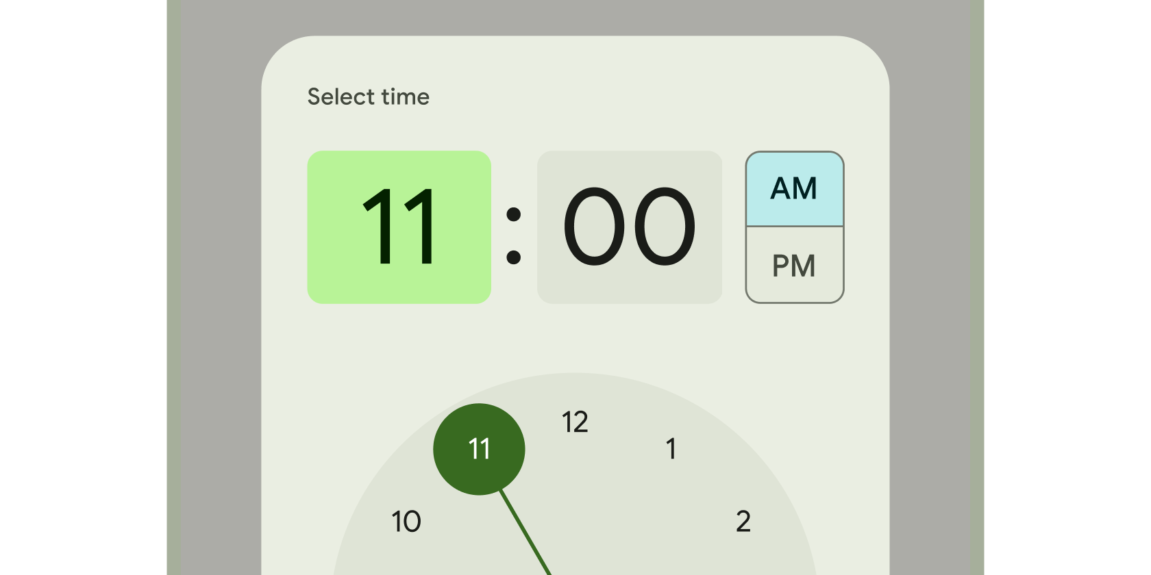 Rendered example of the TimePicker Material widget.
